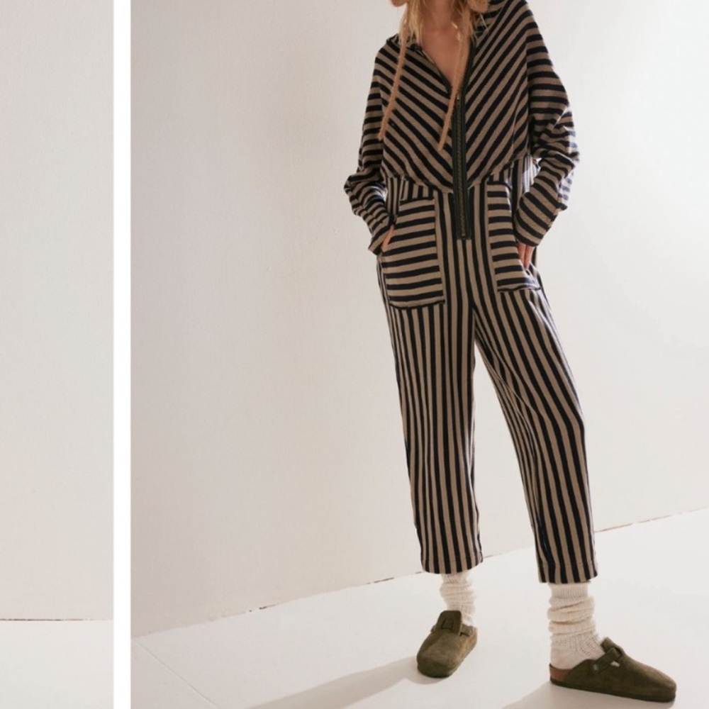 Free People Black and Tan Striped Cropped Jumpsuit